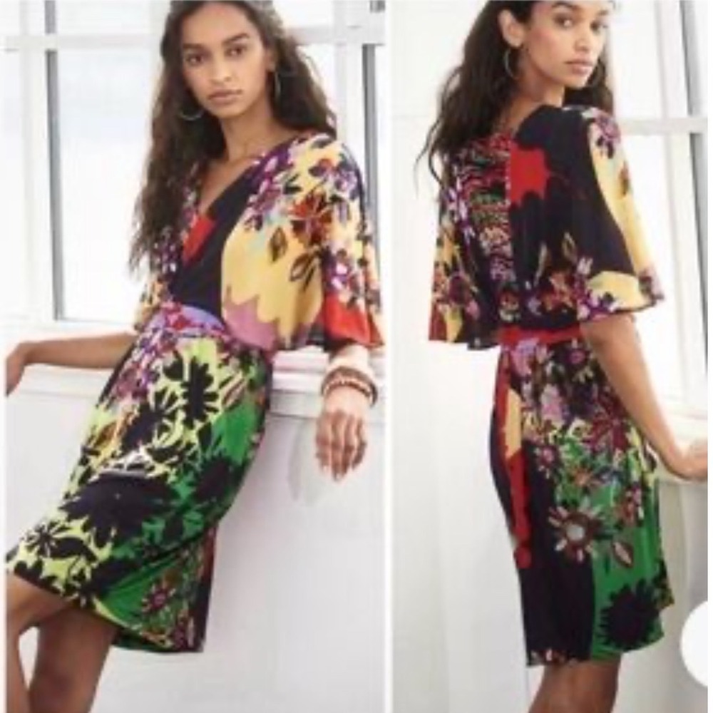 Ranna Gill Floral Midi Dress Womens M Multicolor Good Macrame Back Twist Front